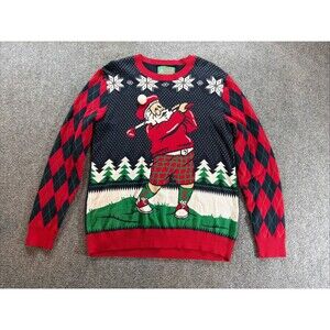 Ugly Christmas Sweater Golfing Santa Graphic Pullover Holiday Fun Size Large